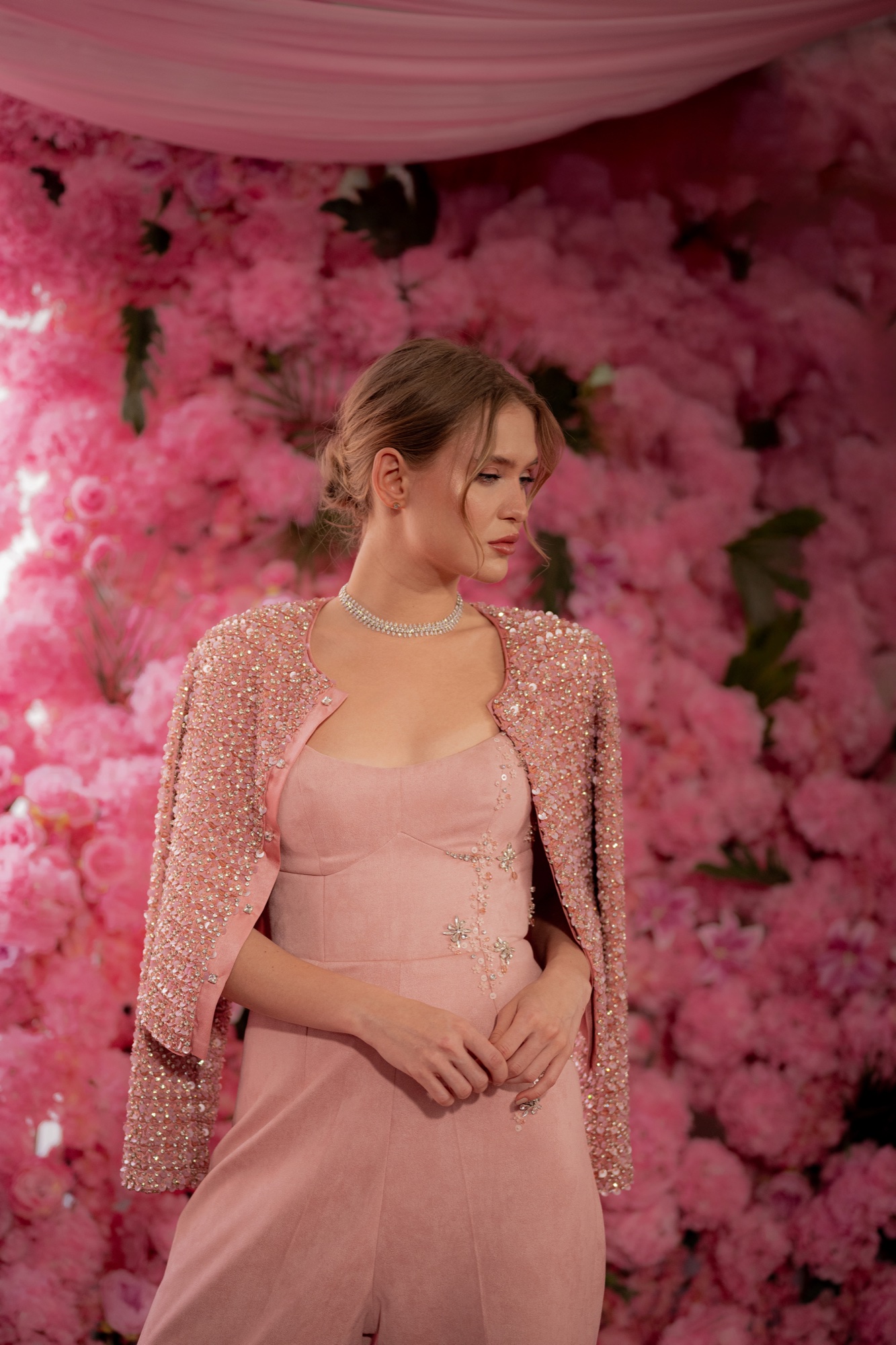 Rosalind jacket and blush column jumpsuit