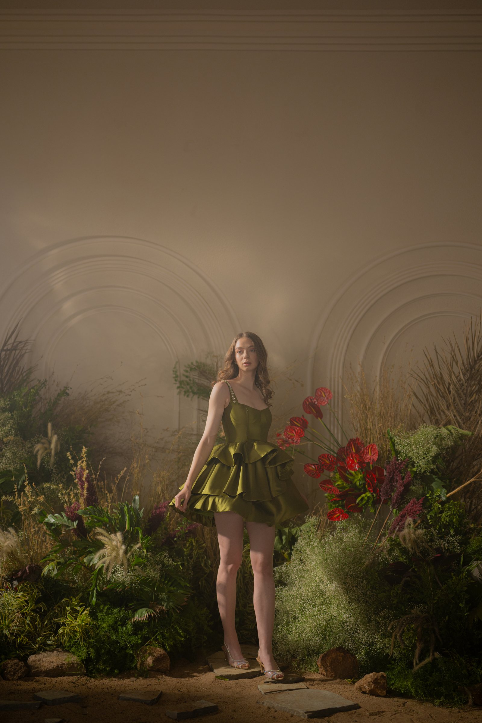 Olive tiered zephyr mini dress